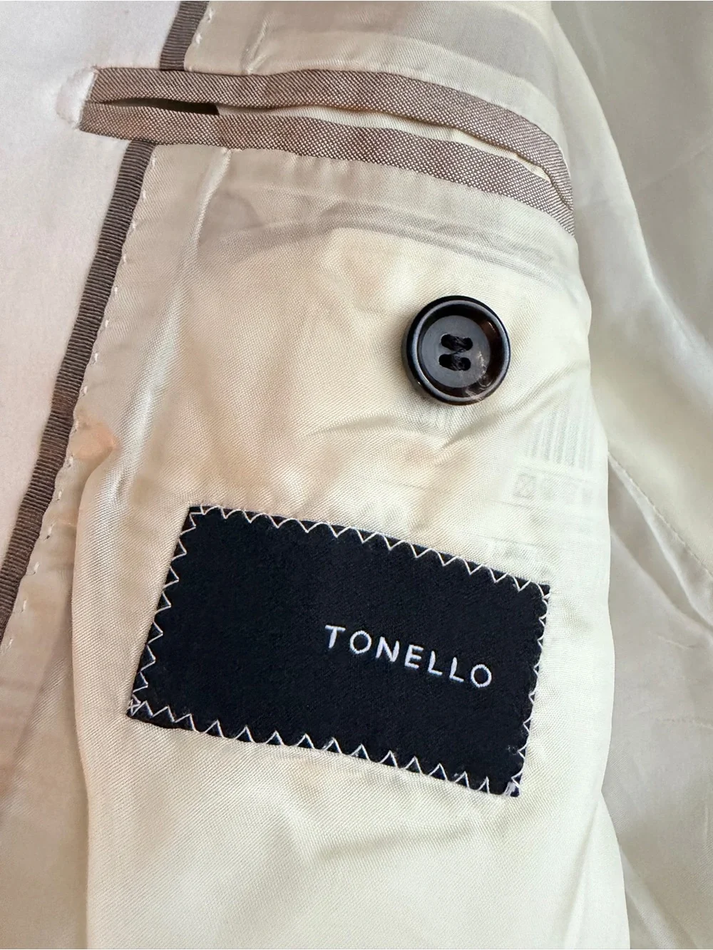 TONELLO Men's Taupe 2 piece suit with White Trim and tuxedo lapel